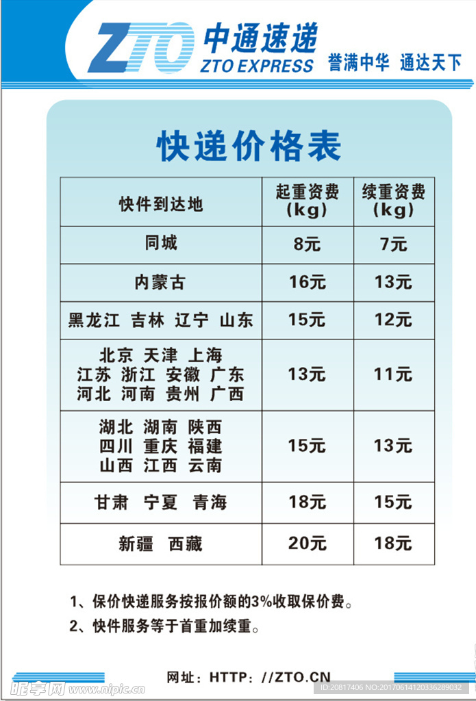 中通快递价格表