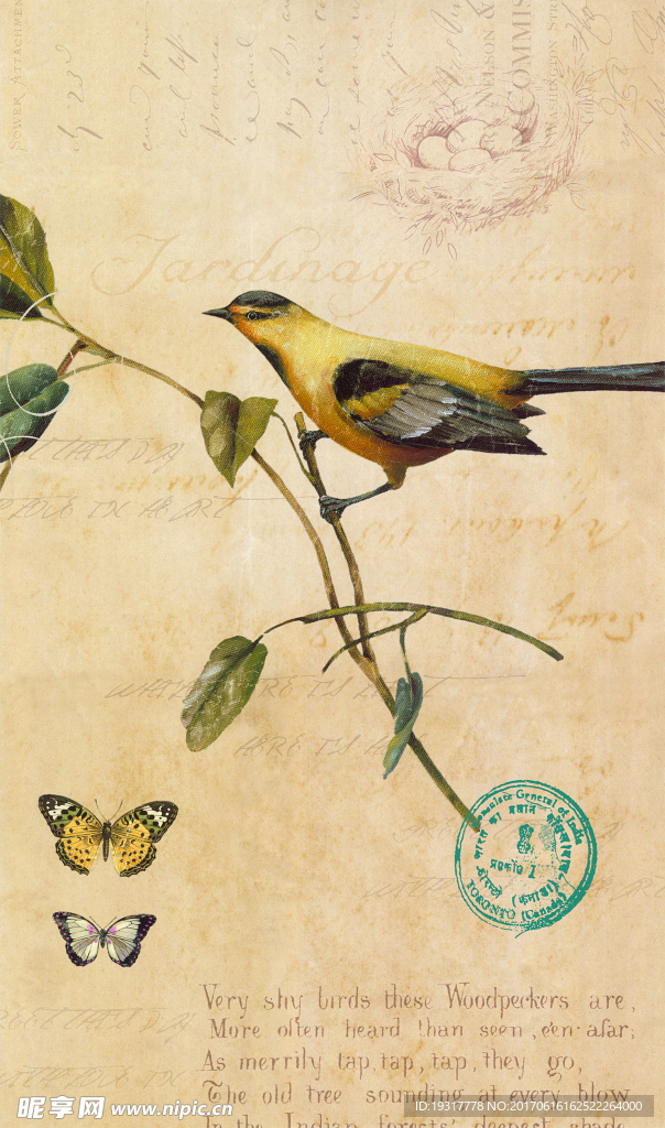 复古植物鸟雀装饰画
