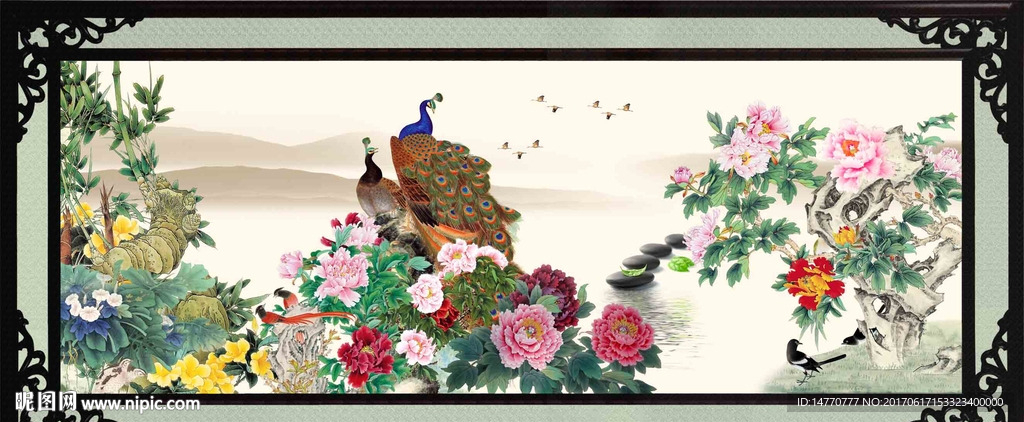 花开富贵孔雀图