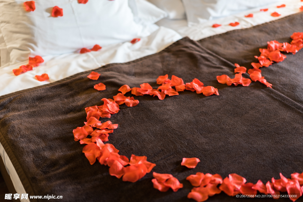 洒满玫瑰花的双人床