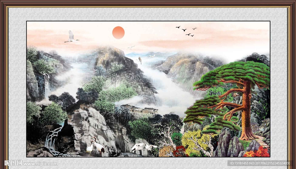 国画山水迎客松