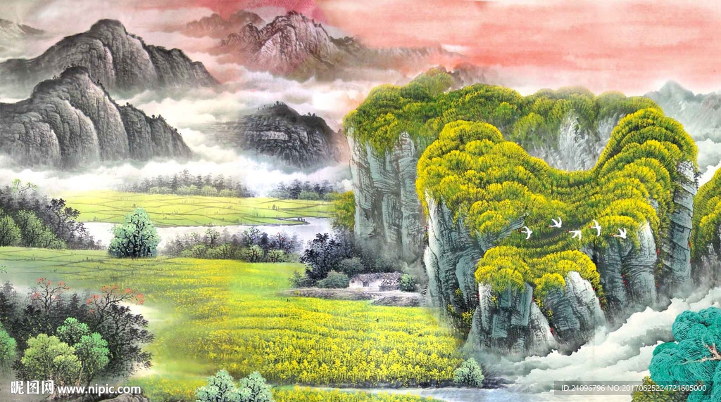 山水国画电视背景墙