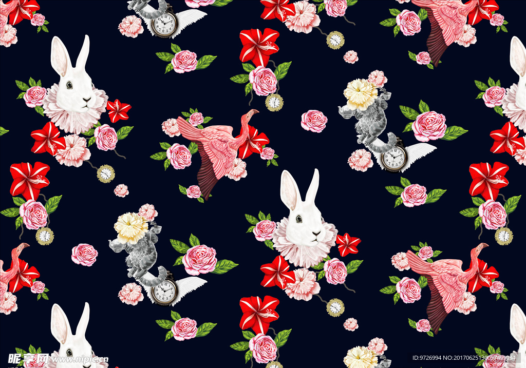 植物花卉兔子四方连续底纹