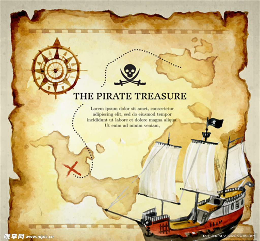 水彩藏宝图和海盗船背景