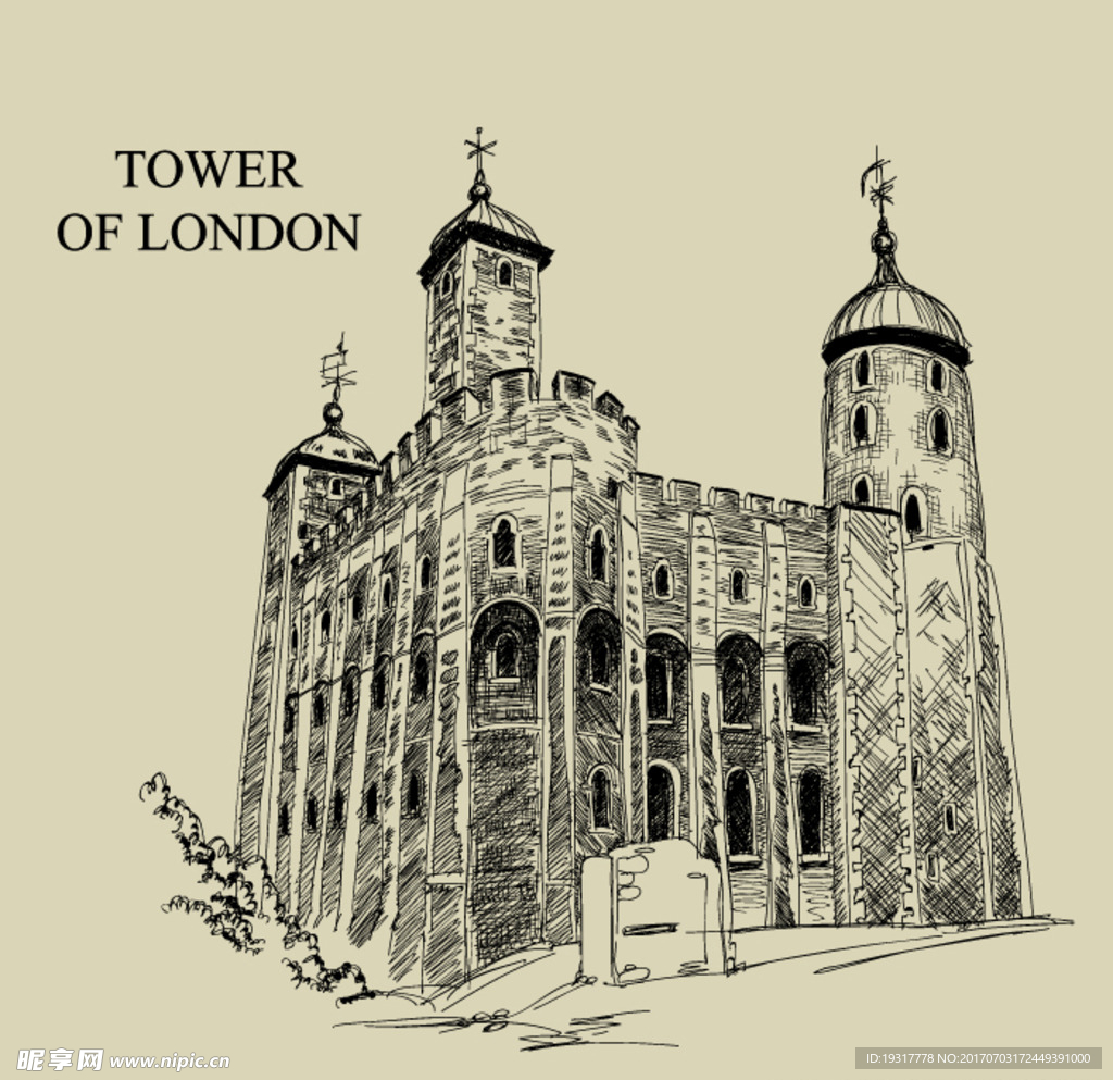 复古手绘建筑 伦敦塔