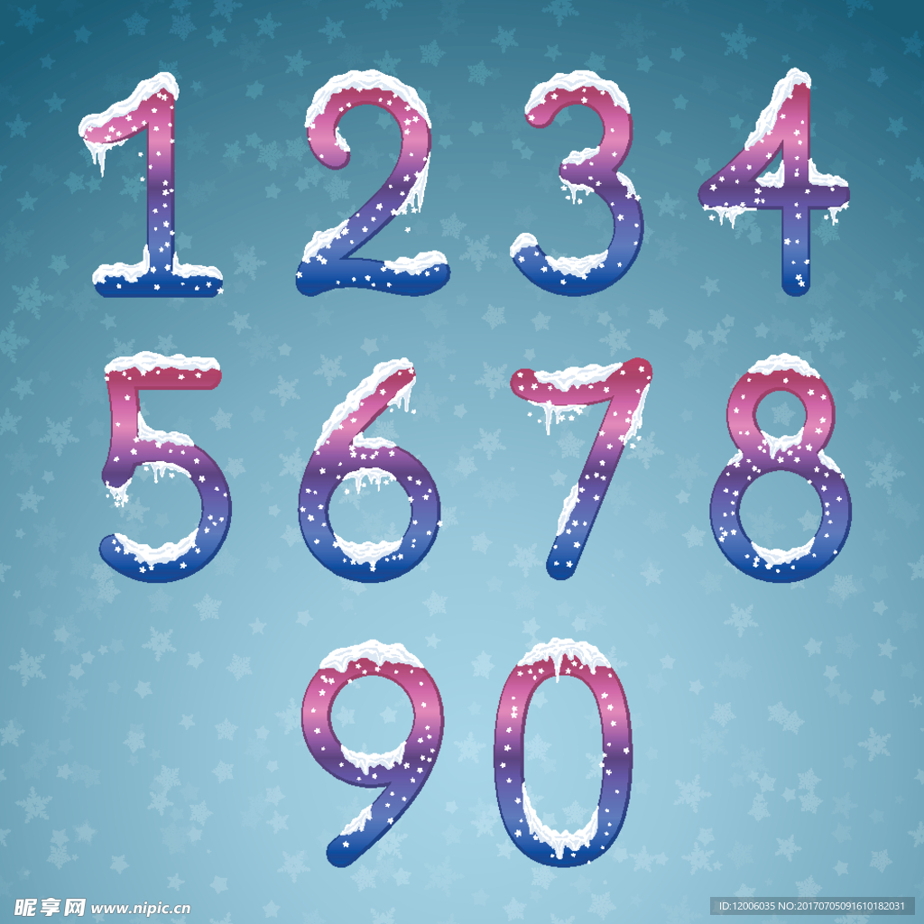 10个落上雪花的数字矢量素材