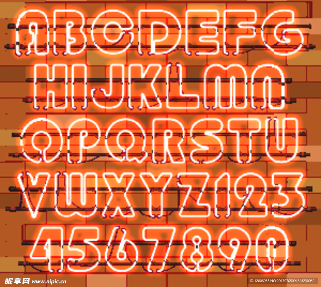 36个橙色霓虹灯字母和数字
