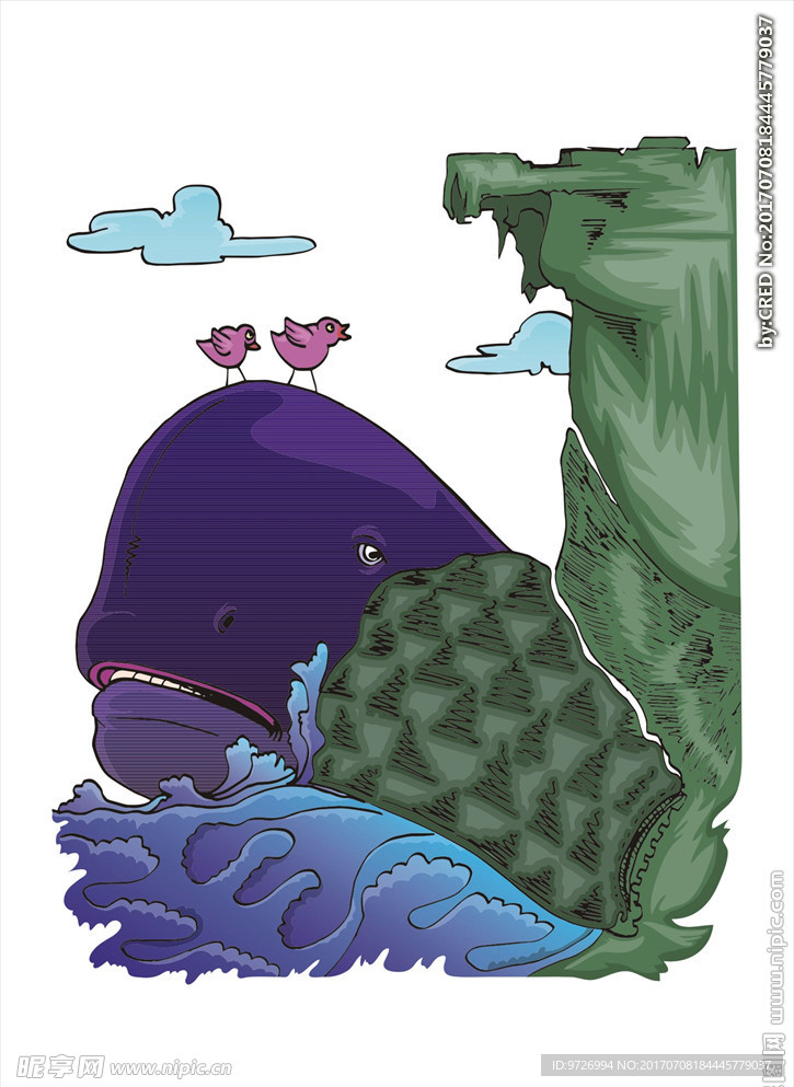 悬崖手绘卡通鲸鱼矢量图下载