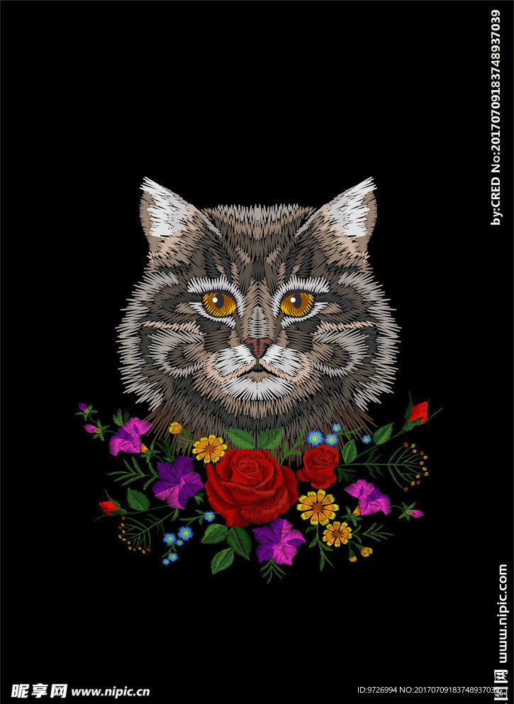 猫咪花朵花卉刺绣矢量图下载