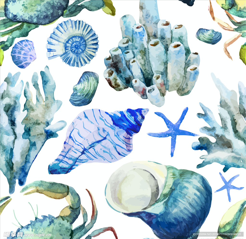 珊瑚螃蟹海螺四方连续底纹