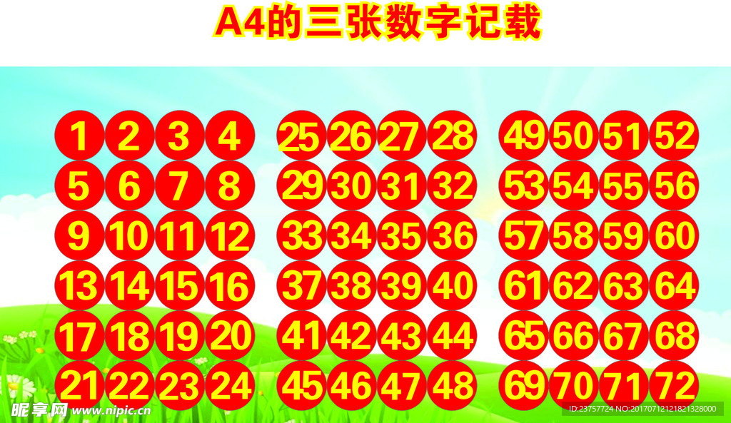 数字记载A4的3张数字