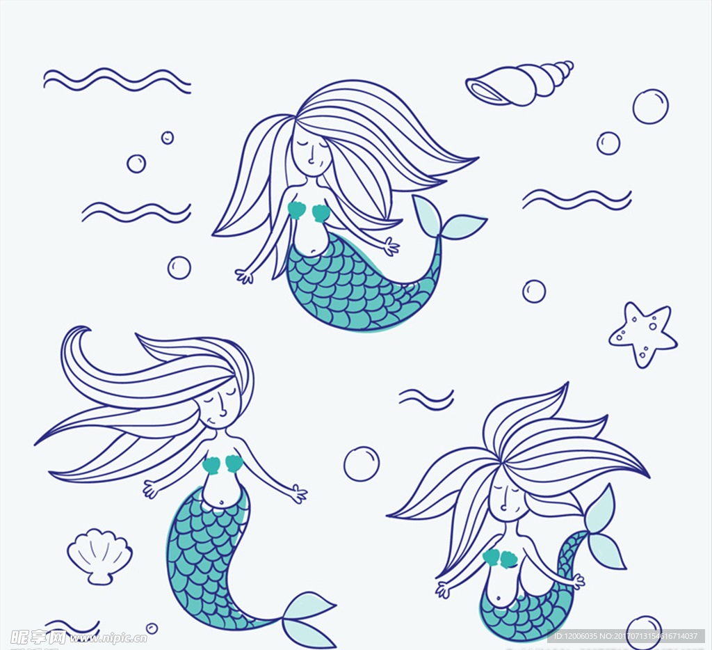 3款彩绘美人鱼矢量素材