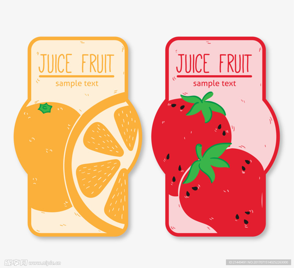 彩色果汁橙子和草莓标签