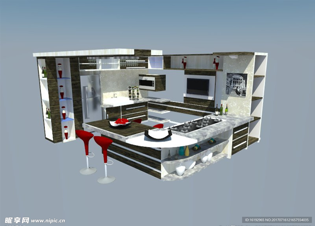 欧式厨房橱柜吧台SU模型图片