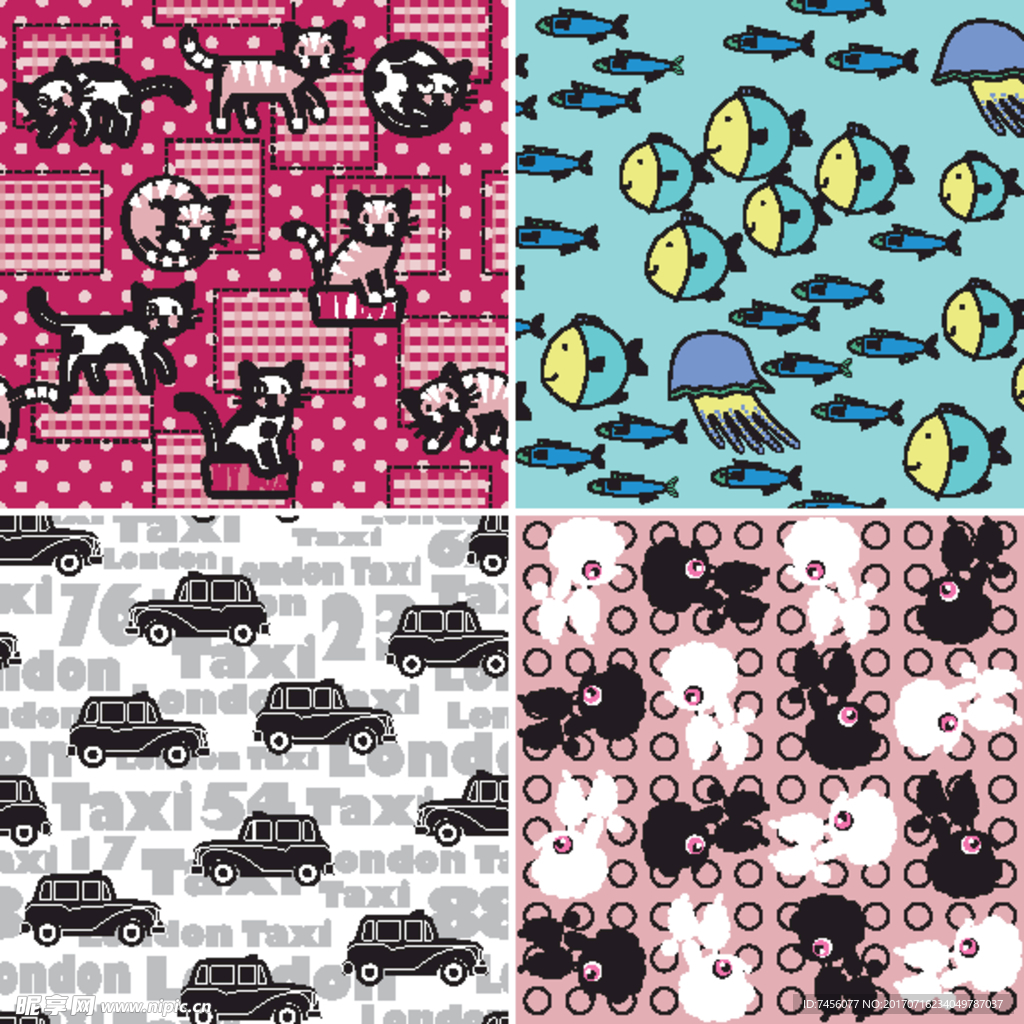 猫鱼车连续矢量墙纸壁画