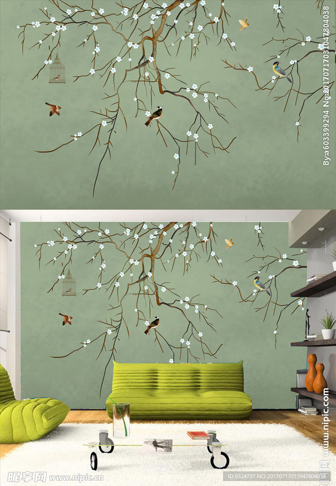 中式手绘工笔花鸟梅花背景墙装饰