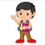 背着书包拿着书本挥手的小男孩
