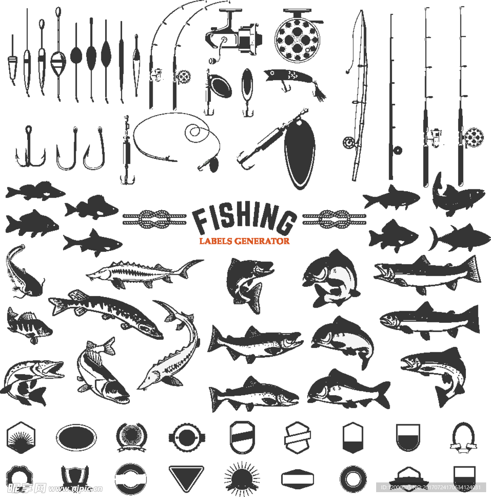 多款黑色钓鱼工具标志图形