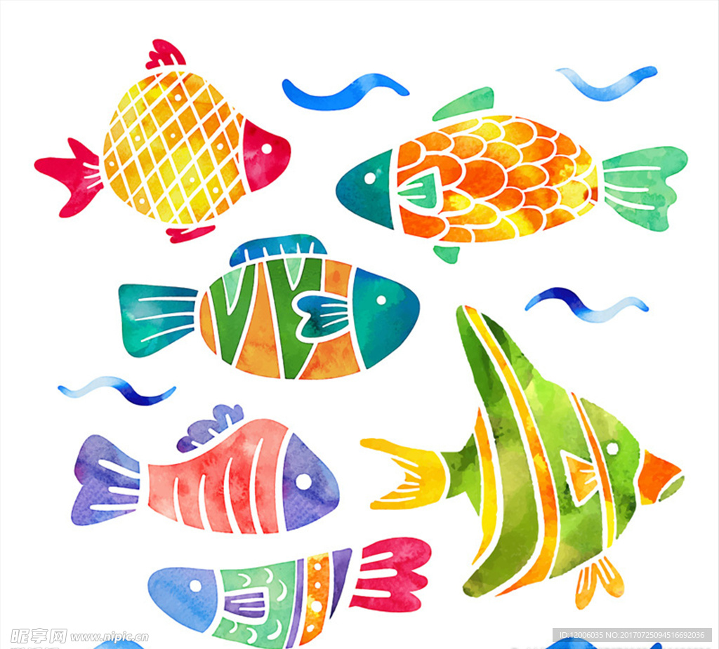 6款彩绘花纹鱼类矢量素材