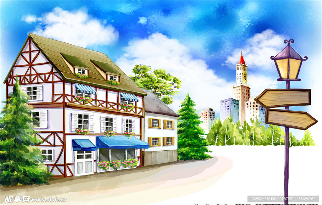 手绘城市建筑