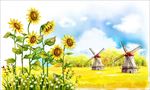 手绘荷兰风车 向日葵