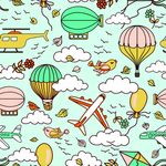 白云热气球飞艇飞机小鸟矢量图