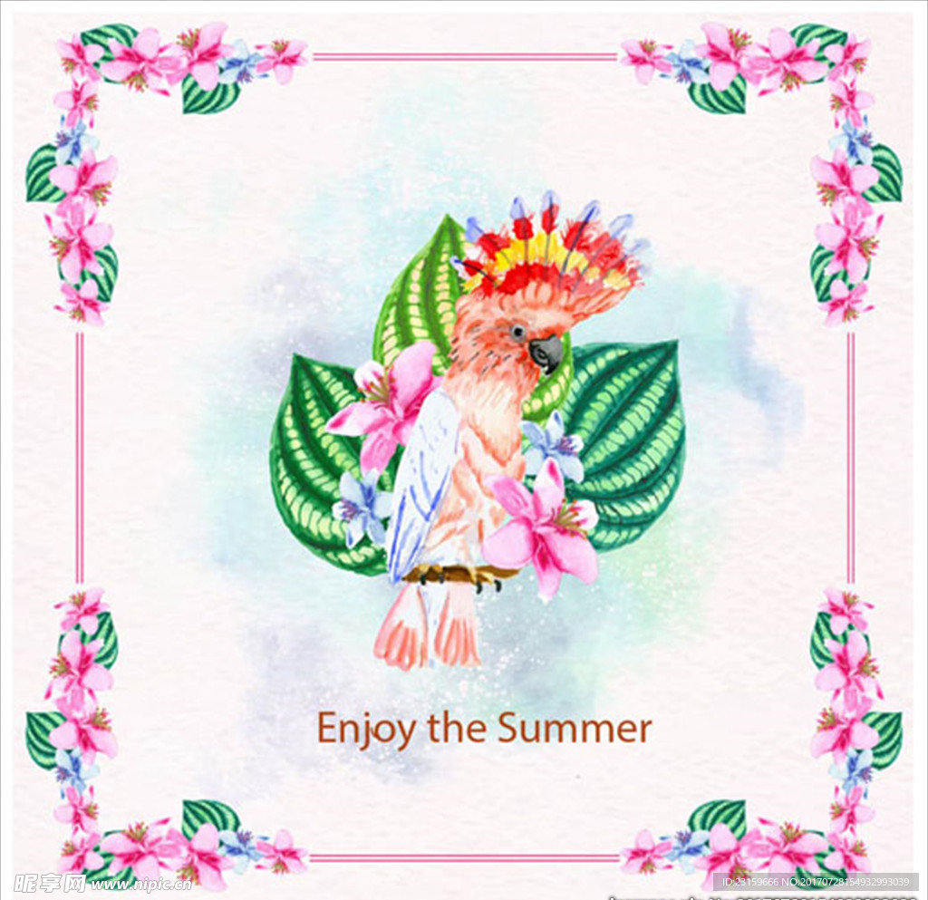 水彩夏季的鹦鹉和叶子插图
