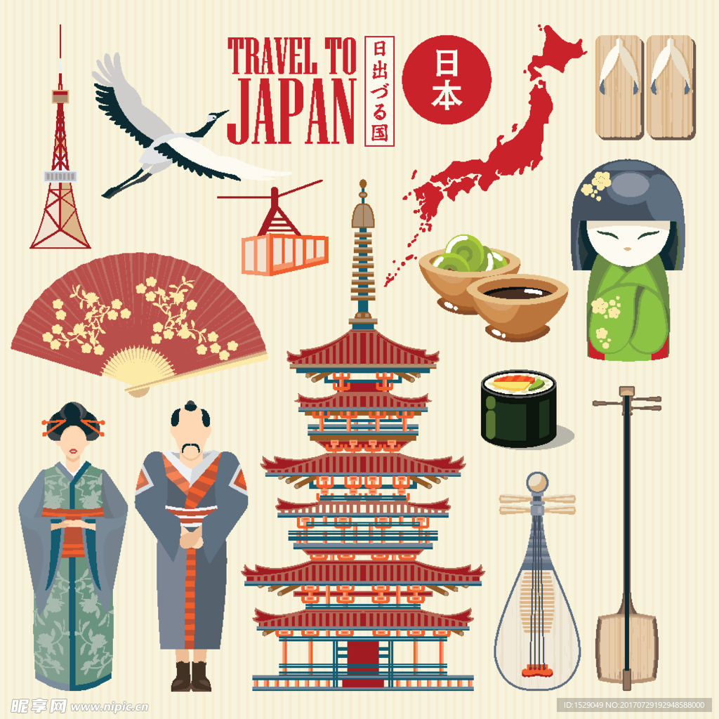 日本旅游与文化设计矢量