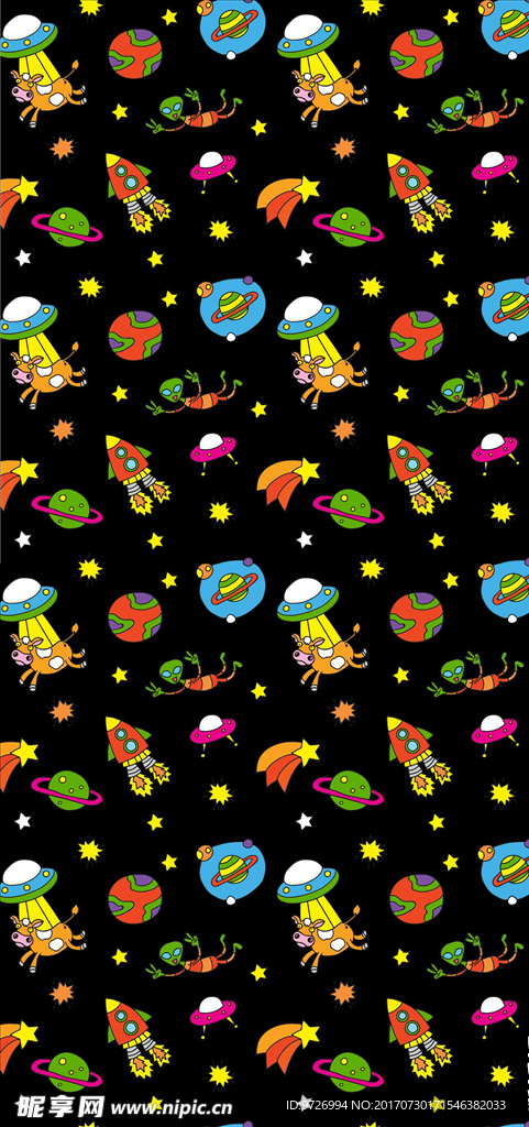 卡通外星人星空飞碟火箭矢量图