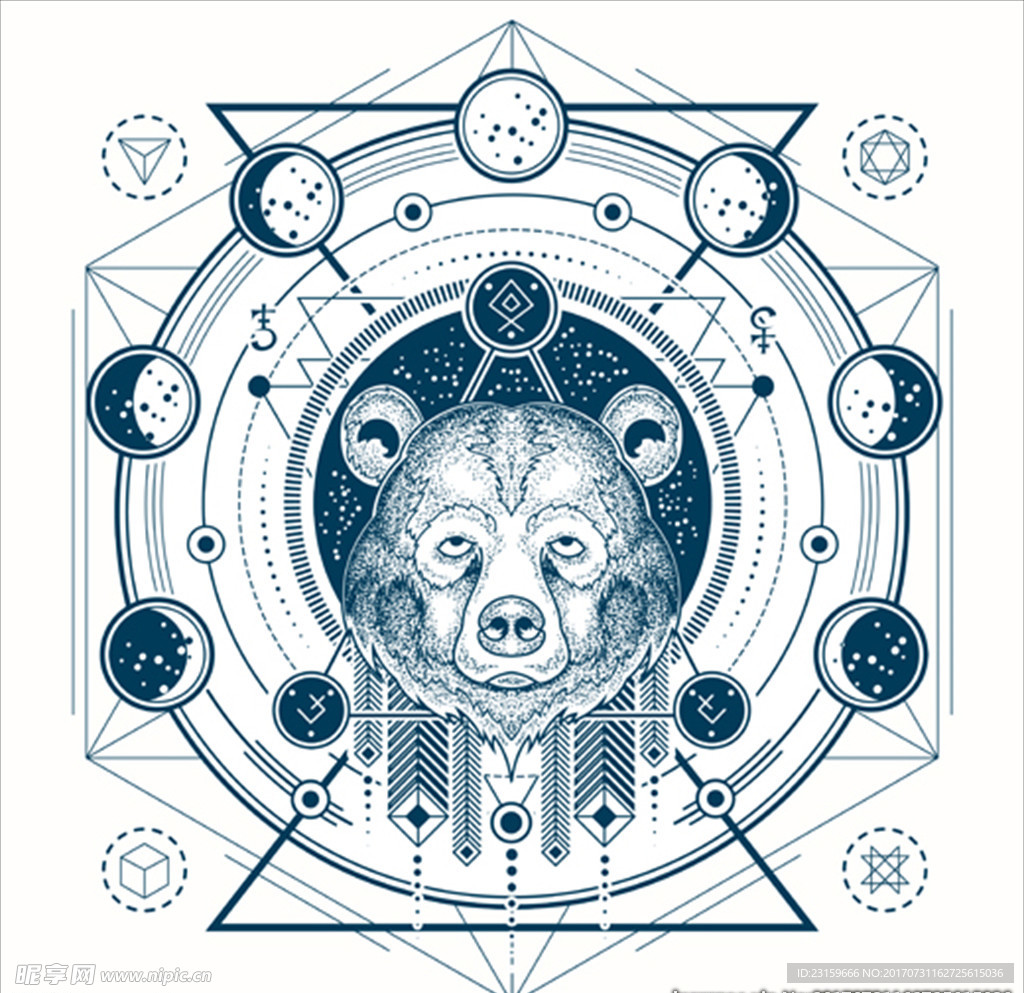 熊头和月相的几何纹身