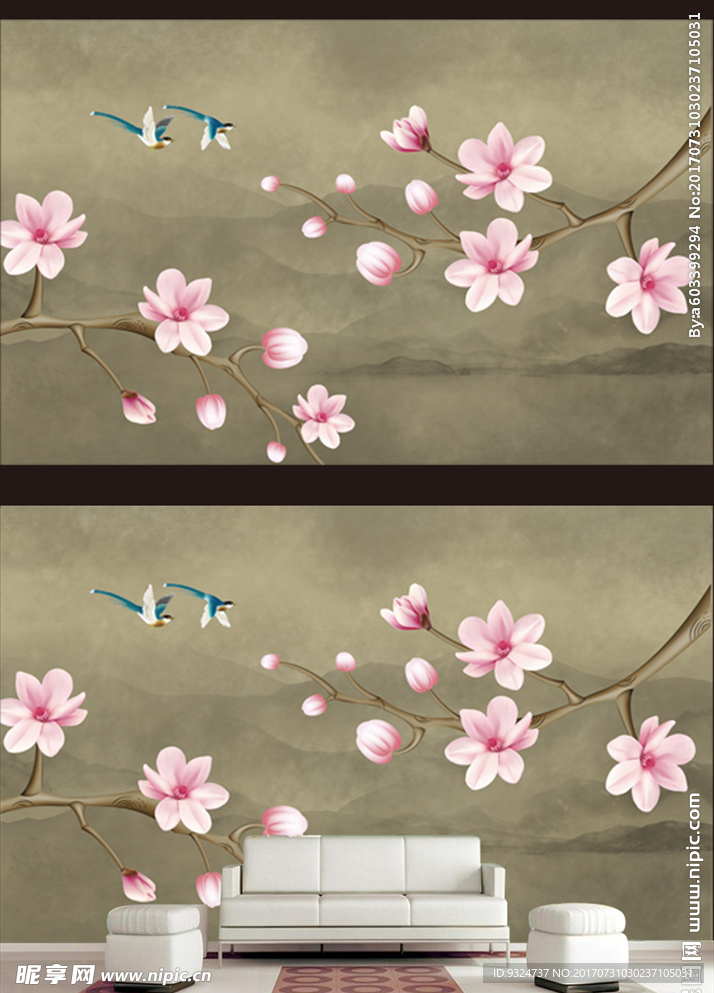 玉兰手绘工笔花鸟新中式背景墙装