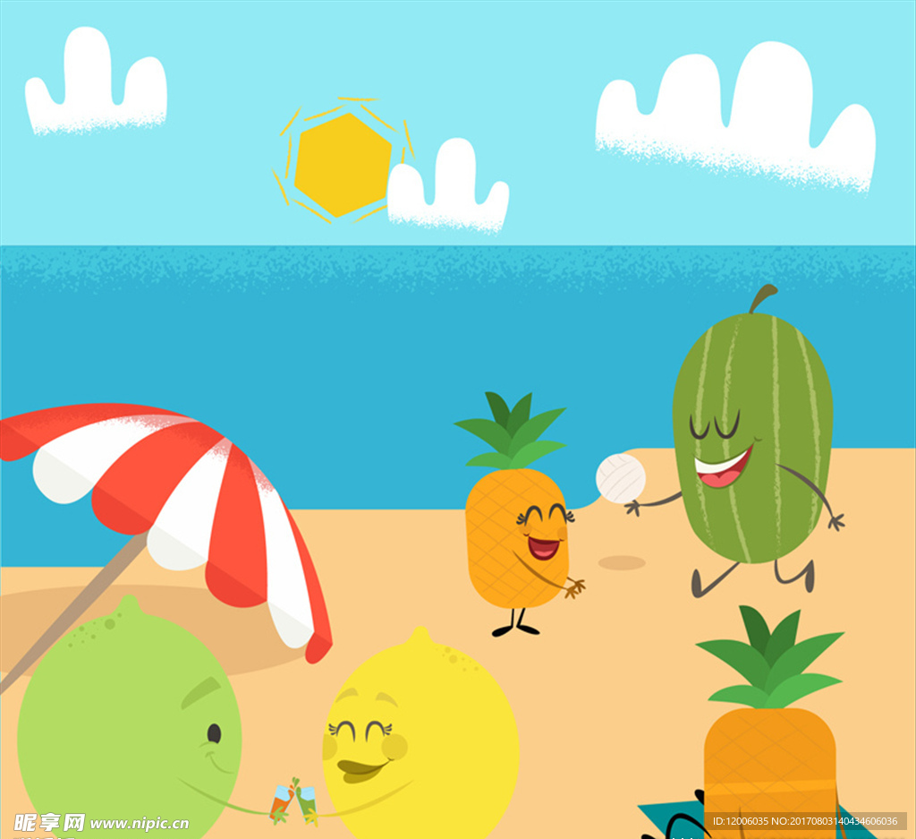 创意海边度假的水果们矢量素材