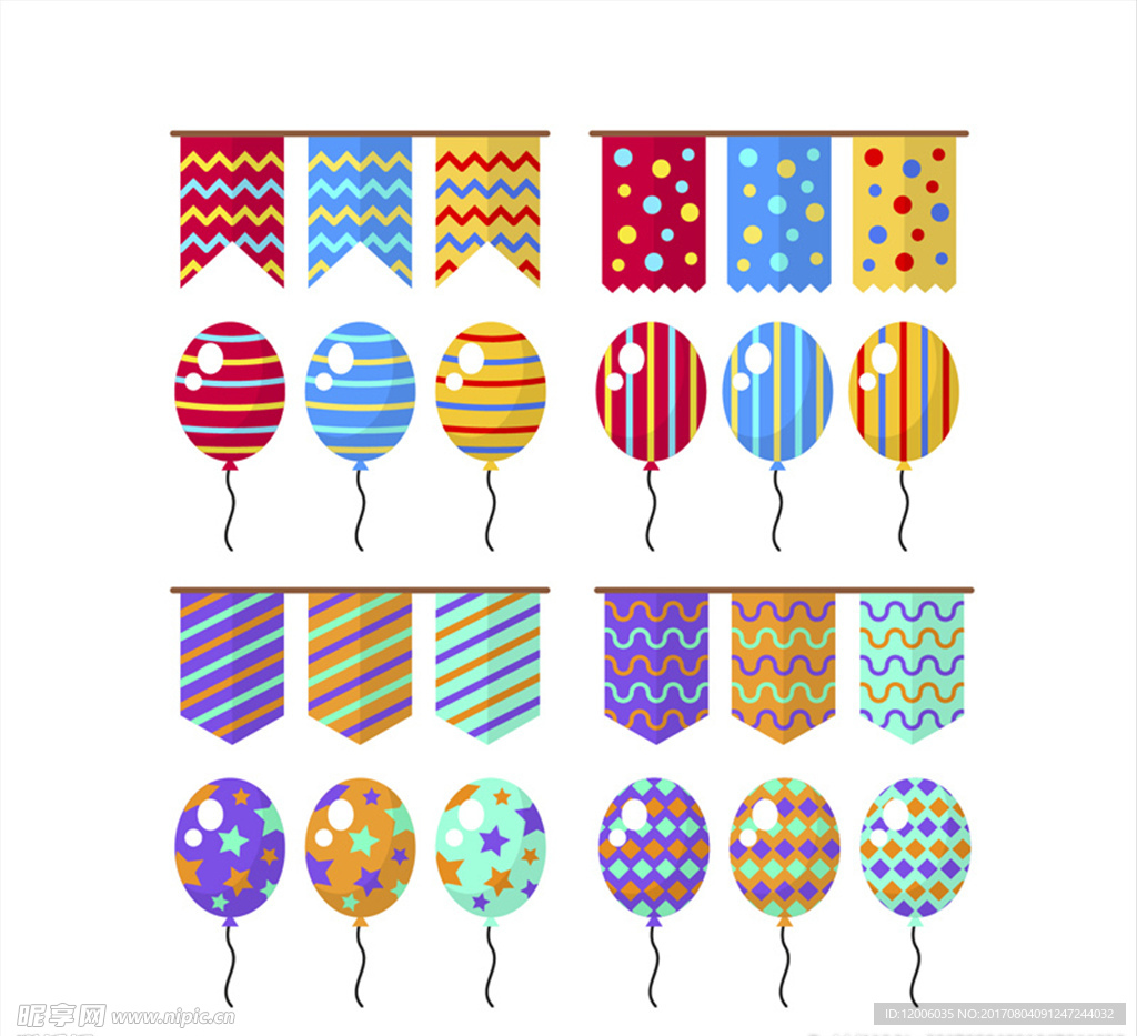 16款彩色节日拉旗和气球矢量图