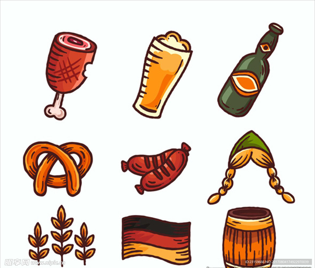 手绘各种德国啤酒节元素