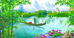 远山湖泊船只竹林风景图.