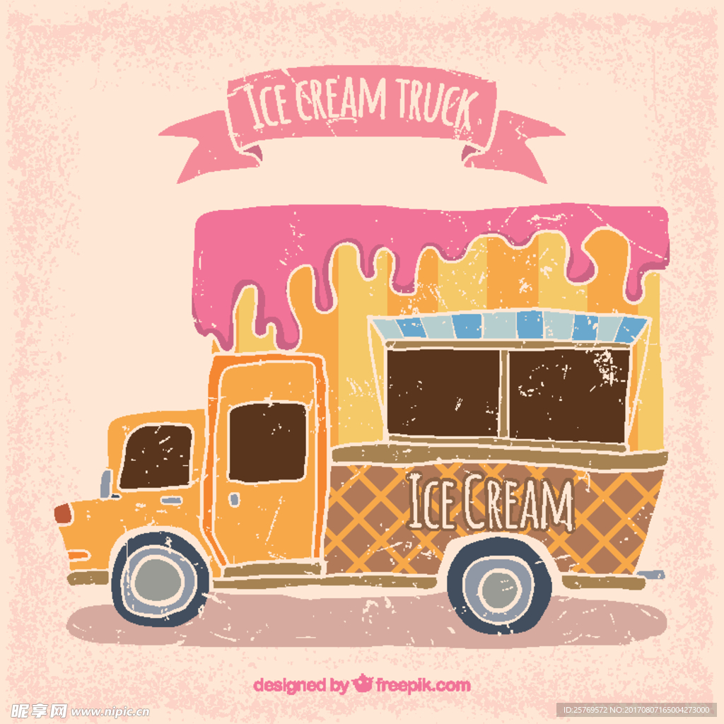 手绘可爱的冰淇淋卡车