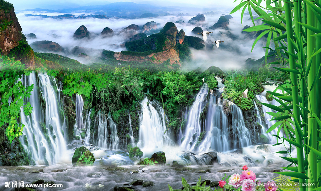 流水风景背景墙