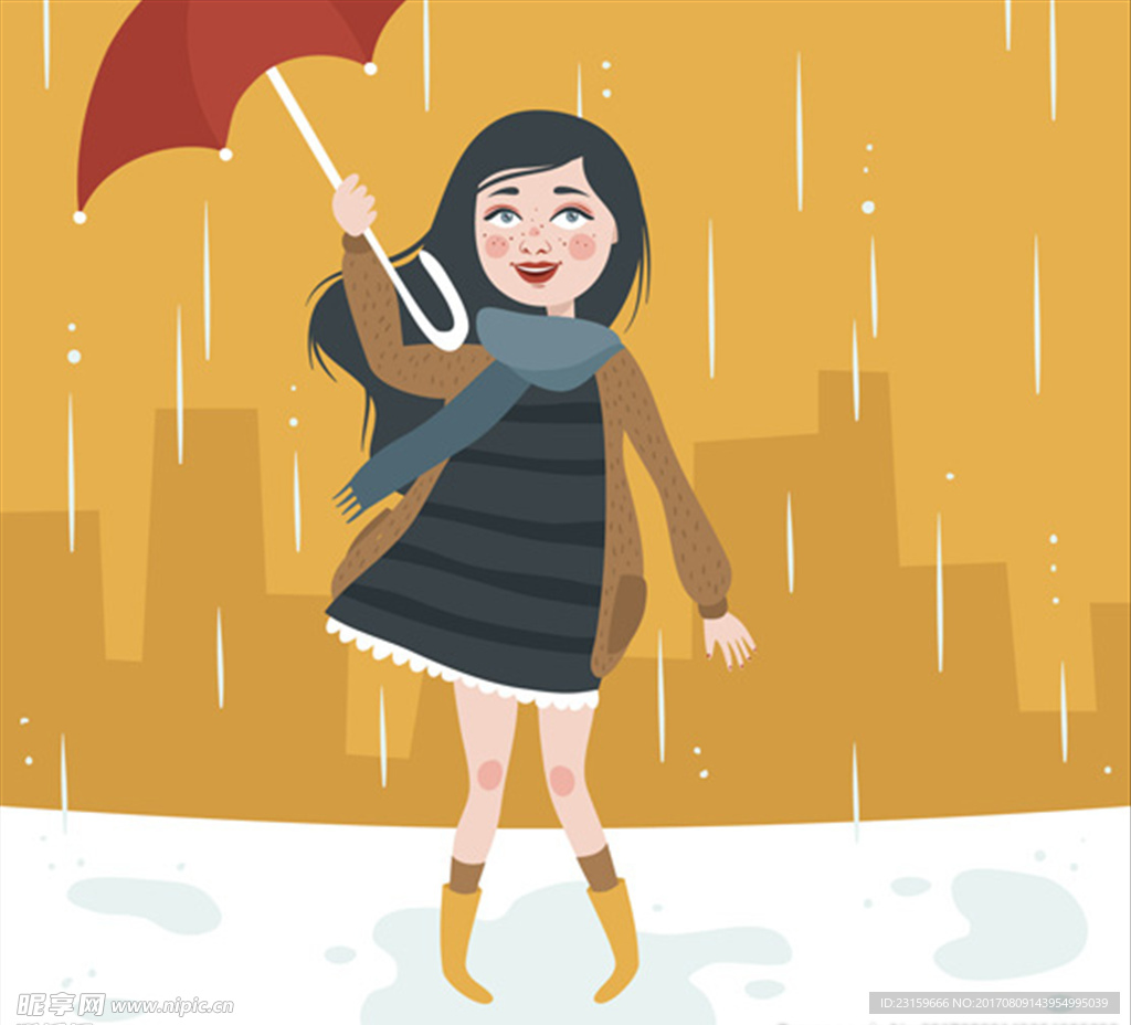 卡通打雨伞人物女孩图片-图行天下素材网