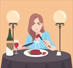 女人在优雅的餐厅里吃牛排