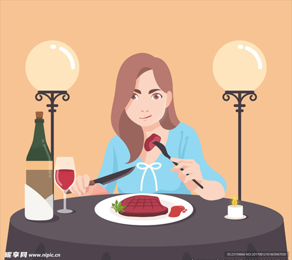 女人在优雅的餐厅里吃牛排