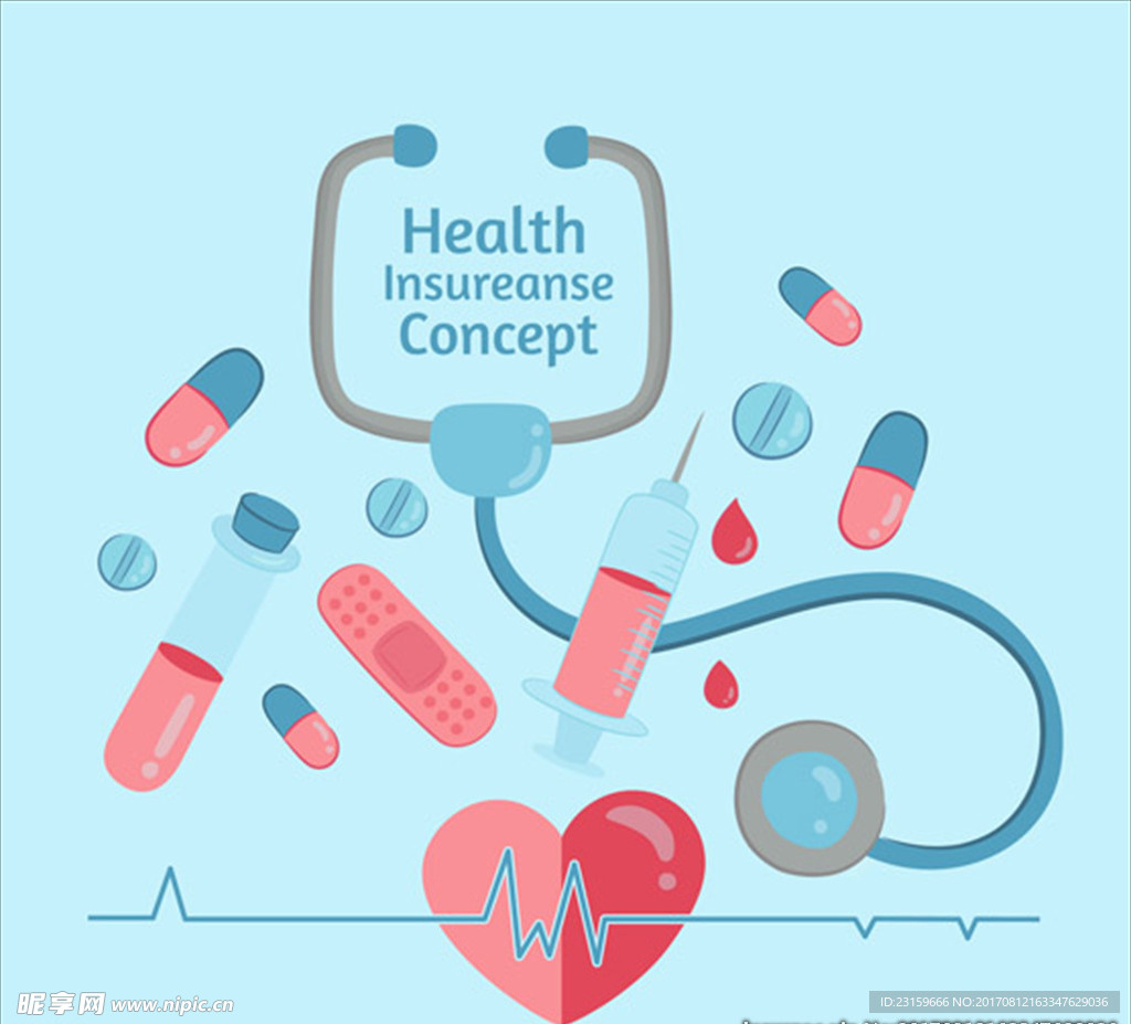 手绘医疗健康保险药物和听诊器