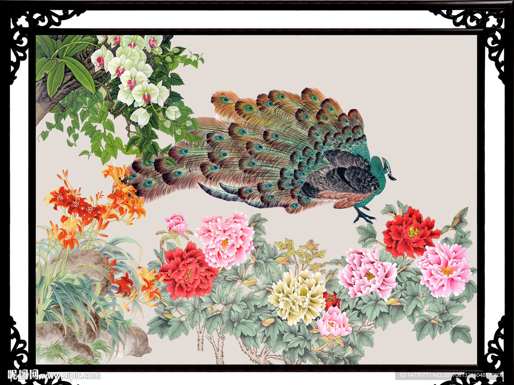 花开富贵孔雀图