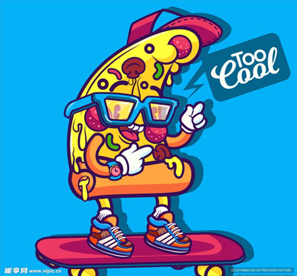 卡通滑板上的嘻哈披萨