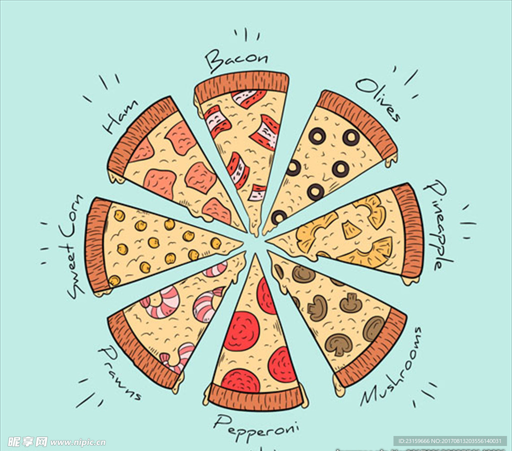 手绘不同口味的披萨插图