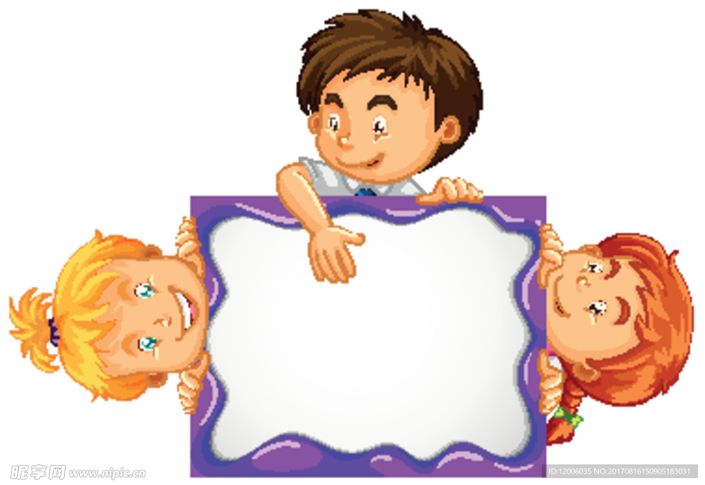 三个趴在紫色边框上的卡通儿童