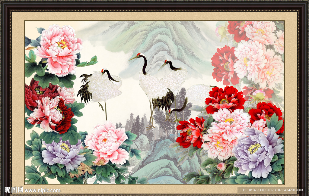 仙鹤图 国画牡丹