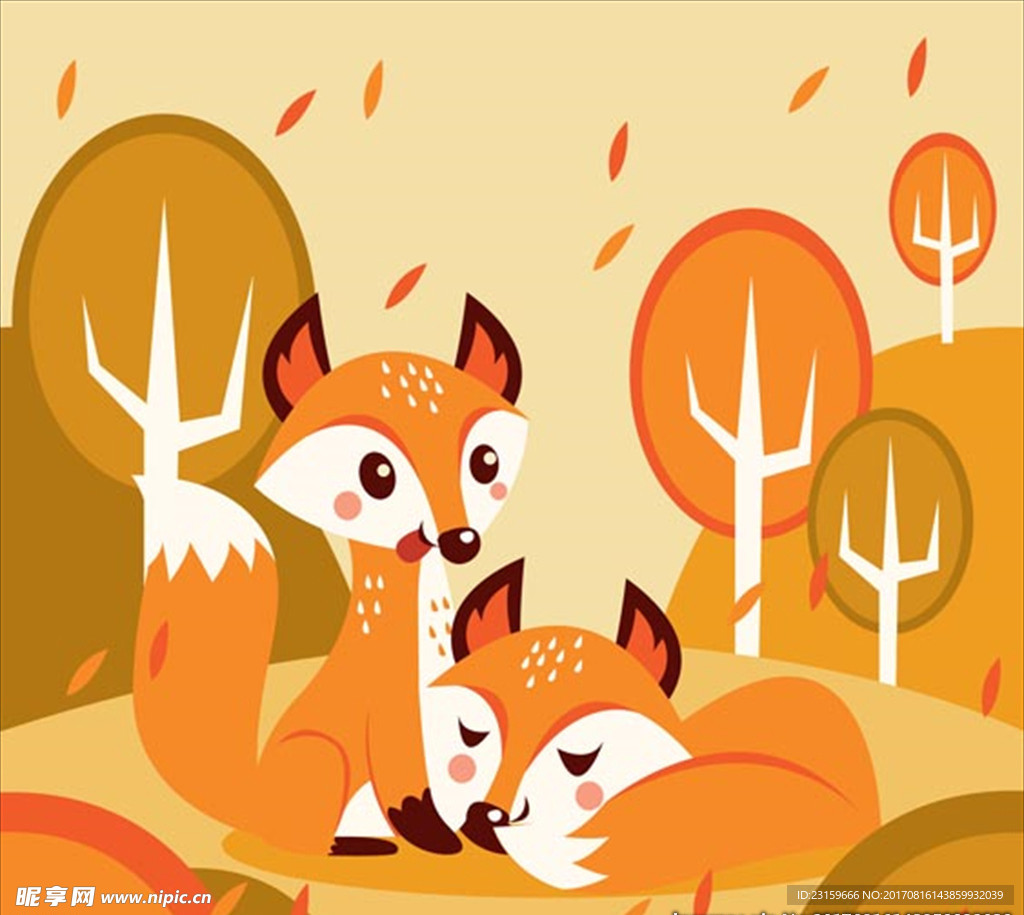 秋天里可爱的两只狐狸
