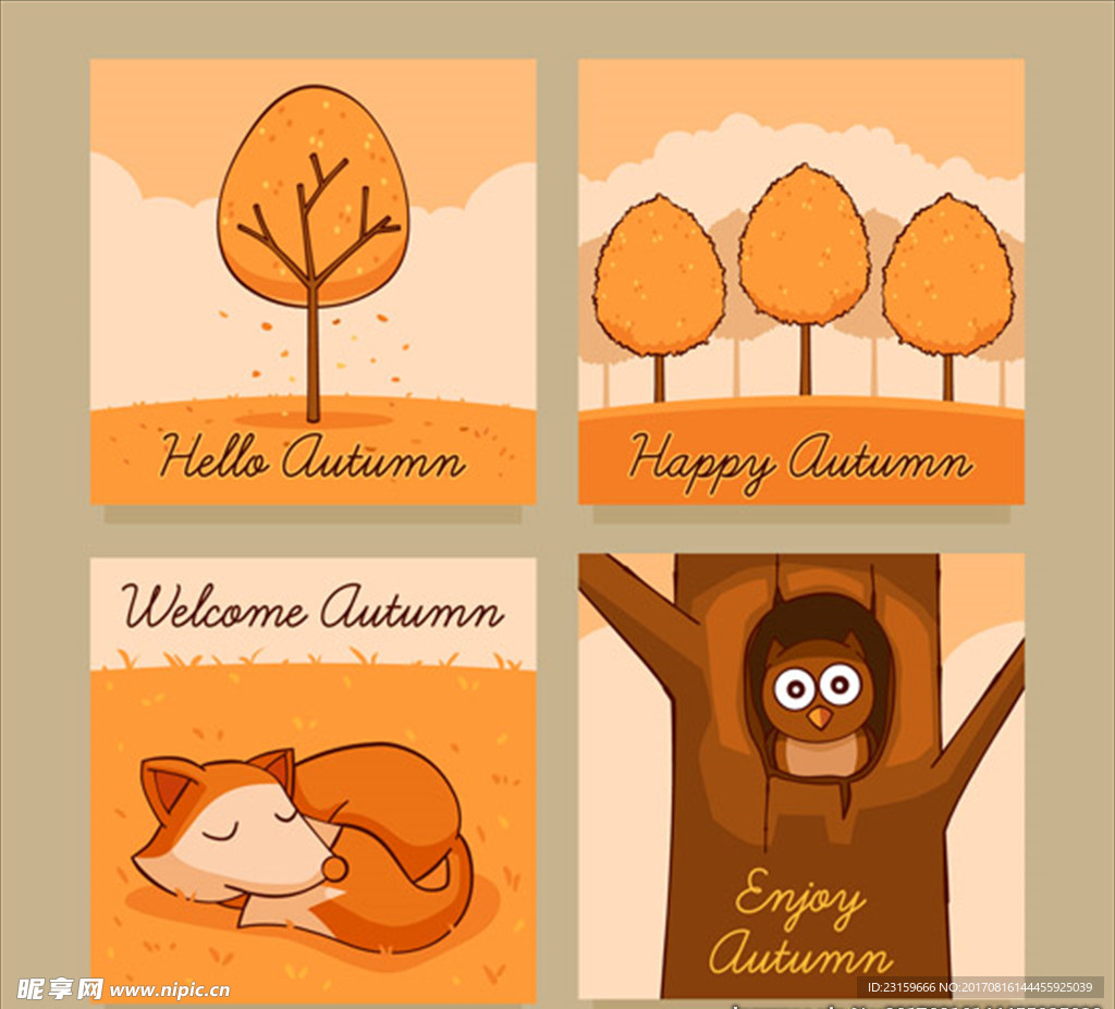 可爱的动物和树木秋季卡片