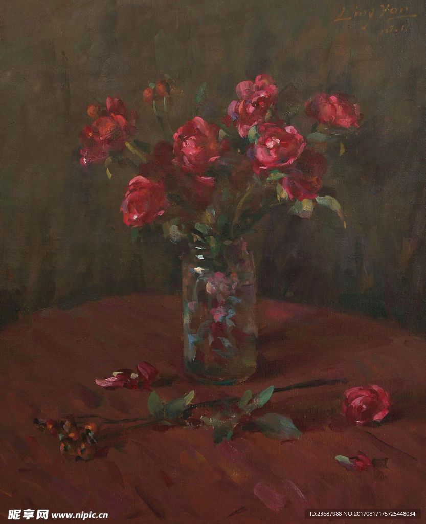 红色鲜花油画