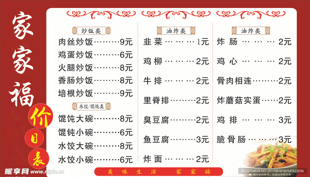 菜单价目表